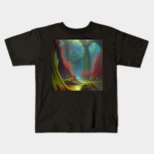 Beautiful Lake Under Colorful Fantasy Plants in a Digital Painting Style Kids T-Shirt